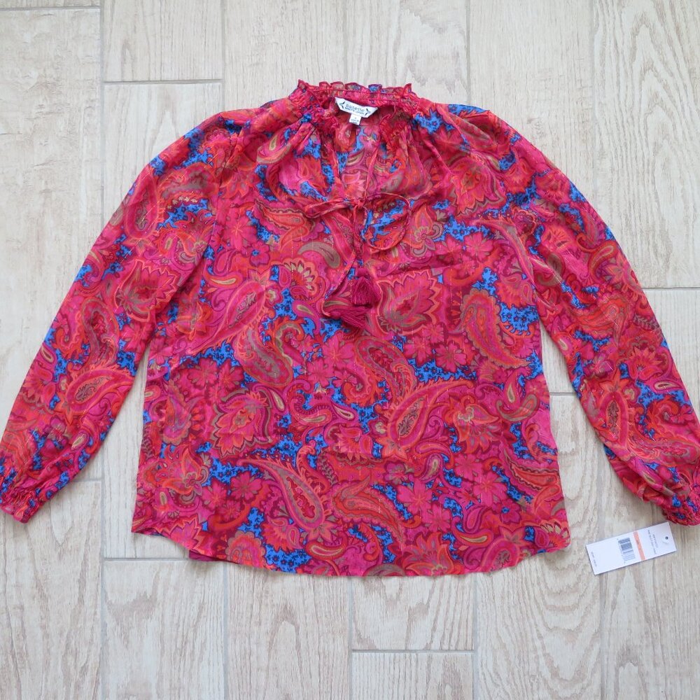 NWT Nanette Lepore Sheer Pink Paisley Floral Bohemian Pullover Blouse Size S - Picture 3 of 9